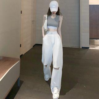 Cropped Vest / High-waist Cutout Wide Pants