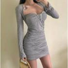 Square-neck Long-sleeve Mini Sheath Dress Gray - One Size