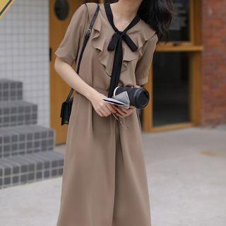 Tie-neck Ruffle Trim Tie-waist Midi Dress Coffee - One Size