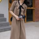 Tie-neck Ruffle Trim Tie-waist Midi Dress Coffee - One Size