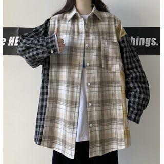 Long-sleeve Color Block Plaid Panel Shirt