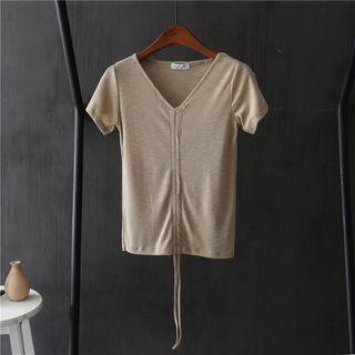 Plain Short-sleeve V-neck Drawstring T-shirt