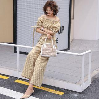 Set: Off-shoulder Check Top + Pants