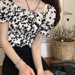 Puff-sleeve Printed Chiffon Crop Top / Fitted Denim Mini Skirt