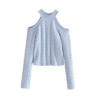 Cold-shoulder Plain Cropped Sweater
