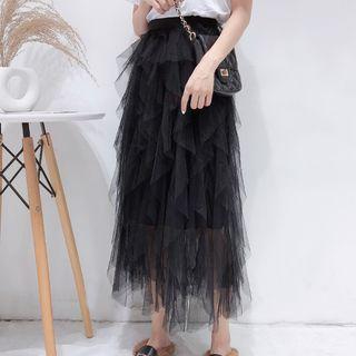 Ruffle Trim Midi Skirt Black - One Size