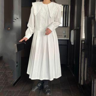 Ruffle Trim Collar Plain Midi A-line Dress