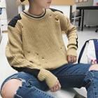Distressed Panel Long-sleeve Knit Sweater