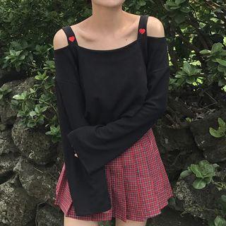 Heart Embroidered Cut Out Shoulder Long Sleeve T-shirt