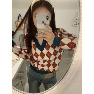 Argyle Collared Sweater Dark Green & Brown & White - One Size