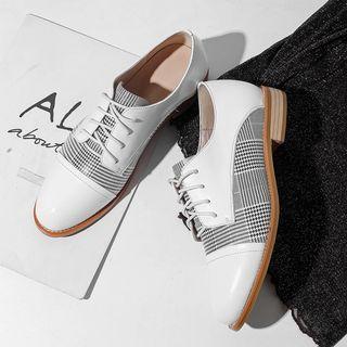 Genuine Leather Plaid Panel Lace-up Shoes