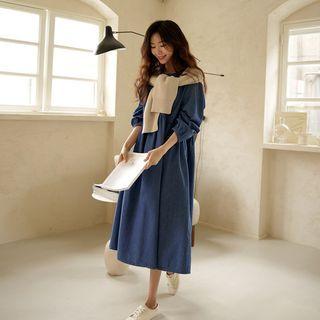 Button-back Shirred Long Denim Dress