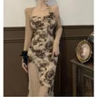 Asymmetrical Cold-shoulder Floral Print Midi A-line Dress