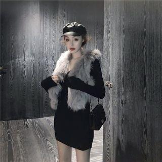 Faux Vest Vest / Long-sleeve Mini A-line Knit Dress