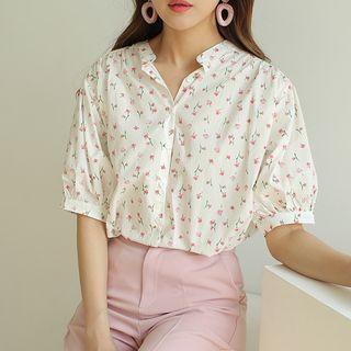 Mandarin-collar Puff-sleeve Floral Blouse Ivory - One Size