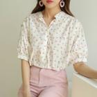 Mandarin-collar Puff-sleeve Floral Blouse Ivory - One Size