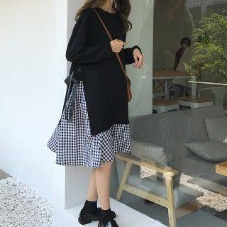 Mock Two-piece Check Panel Dress