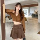 Set: Collared Crop Cardigan + Pleated A-line Skirt Set Of 2 - Cardigan - Brown - One Size / Skirt - Brown - One Size