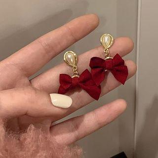 Faux Pearl Bow Drop Earring 1 Pair - Wine Red & Gold - One Size