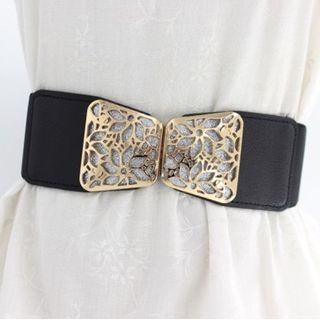 Elastic Band Wide Buckled Belt Black - One Size