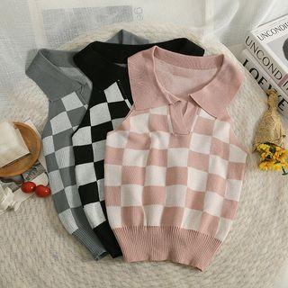 Collared Checkerboard Knit Tank Top