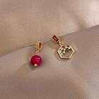 Non-matching Rhinestone & Bead Dangle Earring 1 Pair - Red - One Size