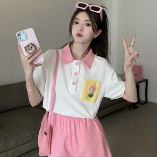 Polo-neck Cartoon Print T-shirt + Plain Shorts