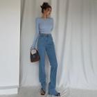 Striped Side-slit Straight-cut Jeans