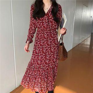 V-neck Floral Dress Red - One Size