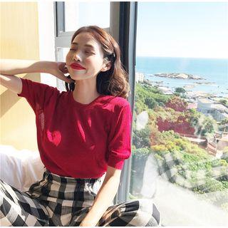 Plain Short-sleeve Knit Top / High-waist Check Pants