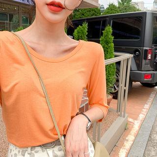 Colored Elbow-sleeve Textured T-shirt
