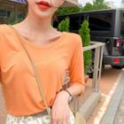 Colored Elbow-sleeve Textured T-shirt