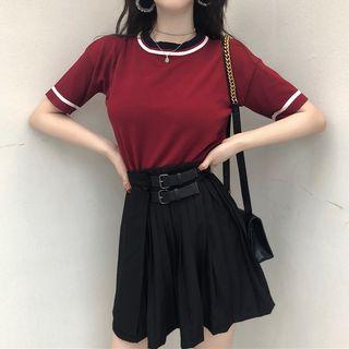 Color-block Round-neck Short-sleeve Top/ Plain High-waist Pleated A-line Skirt