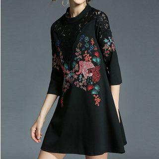 Embroidered Lace Panel 3/4 Sleeve Dress
