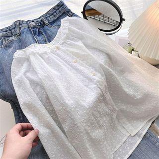 Long-sleeve Round Neck Embroidered Top White - One Size