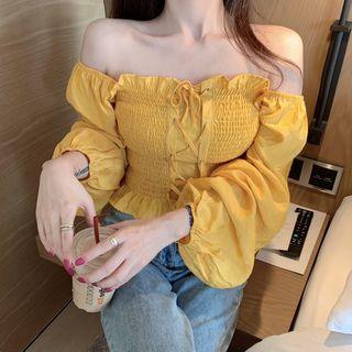Long-sleeve Off-shoulder Smocked Lace-up Top