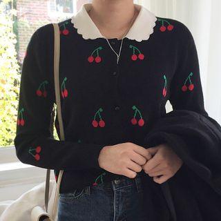 Peter-pan Collar Cherry Printed Knit Cardigan