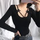 Lace-sleeve Lace Cross-strap Top Black - One Size