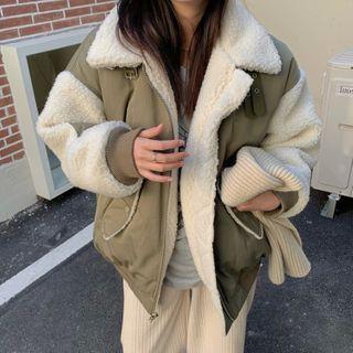 Fleece Panel Bomber Jacket Grayish Green - One Size