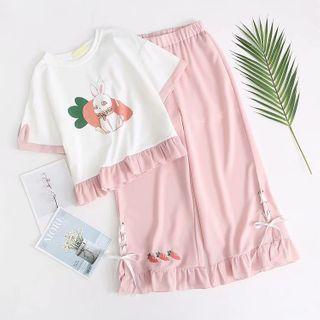 Rabbit Printed Short-sleeve T-shirt / Wide Leg Pants / Set