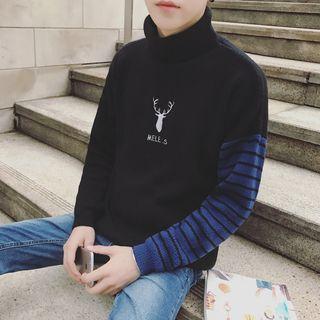 Deer Embroidered Striped Panel Turtleneck Sweater