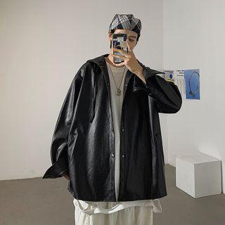 Faux Leather Button Hoodie