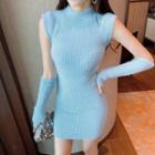 Mock-neck Knit Mini Bodycon Dress With Arm Sleeves