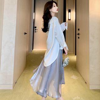 Chiffon Shirt / Chiffon V-neck Spaghetti Strap Midi A-line Dress