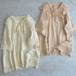 Short-sleeve Peter Pan-collar Embroidered Floral Blouse