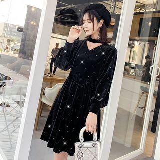 Choker-neck Puff Sleeve Rhinestone Velvet A-line Dress