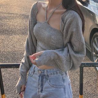 Set : Halter-neck Camisole Top / Long-sleeve Knit Shawl