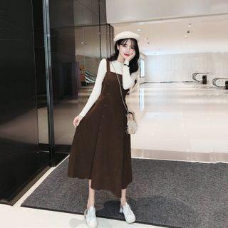 Set: Mock Neck Knit Top + Overall Midi Dress