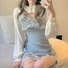 Spaghetti-strap Lace Trim Mini Sheath Dress / Shrug