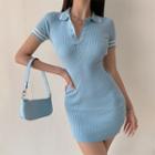 Polo-neck Short-sleeve Mini Sheath Rib Knit Dress